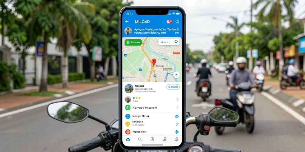 Antarmuka aplikasi MILO4D menampilkan navigasi yang jelas dan informatif untuk pengendara motor.